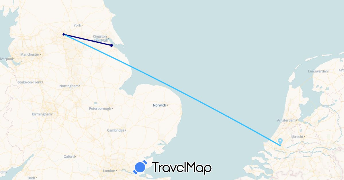 TravelMap itinerary: driving, boat in United Kingdom, Netherlands (Europe)